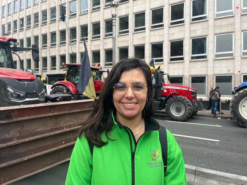 Ségolène Plomteux (28), who works as a policy adviser for the Walloon Federation of Agriculture, at the farmers' protest in Brussels. Photograph: Jack Power