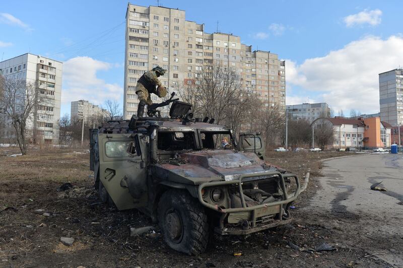 A destroyed Russian infantry  vehicle in Kharkiv, Ukraine. Photograph: Sergey Bobok/AFP via Getty