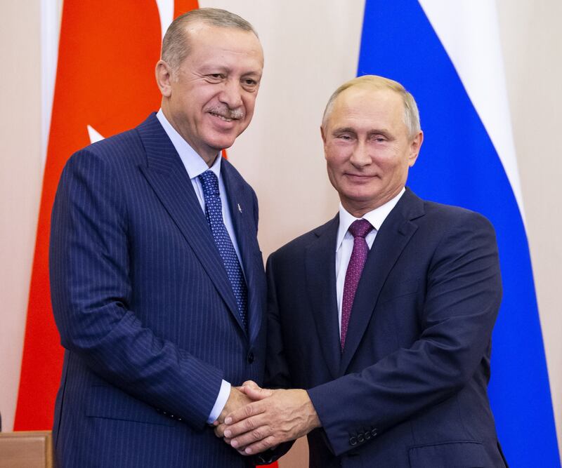 Russian President Vladimir Putin (right) and his Turkish counterpart Tayyip Erdogan shake hands during a news conference following their talks in Sochi, Russia on September 17th, 2018 Photograph: Alexander Zemlianichenko/Pool/Reuters