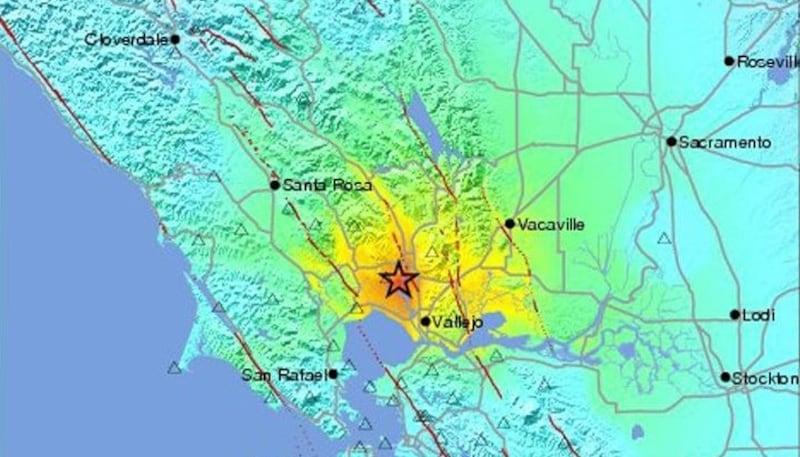 Map released by the US Geological Survey showing the area of the 6.0 magnitude earthquake that hit 6km north west of American Canyon in California. Photograph: EPA