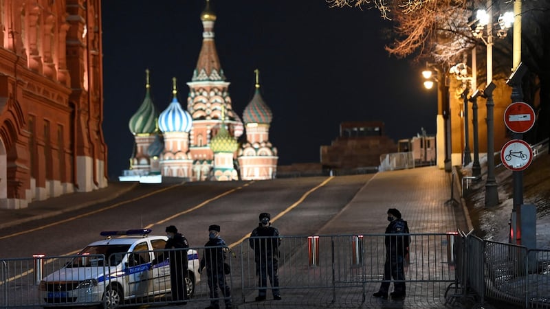 Police officers block access to Red Square during a protest against Russia’s invasion of Ukraine in central Moscow on Wednesday. The technology and know-how of international groups has been crucial in the development of Russia’s lucrative oil and gas industry. Photograph: Kirill Kudryavtsev/AFP