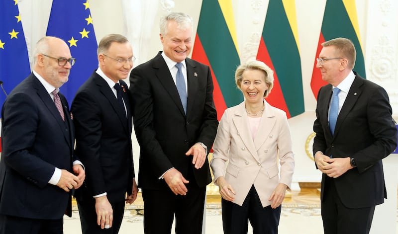 Estonian president Alar Karis, Polish president Andrzej Duda, Lithuanian president Gitanas Nauseda, European Commission president Ursula von der Leyen and Latvian president Edgars Rinkevics at the presidential palace in Vilnius, Lithuania. Photograph: Petras Malukas/AFP