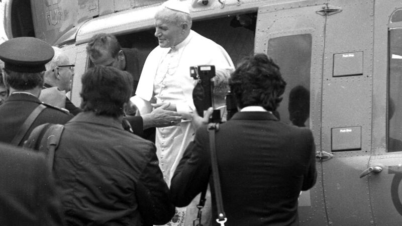 Pope John Paul II  disembarks from the helicopter at Knock in October 1979. Photograph: Pat Langan