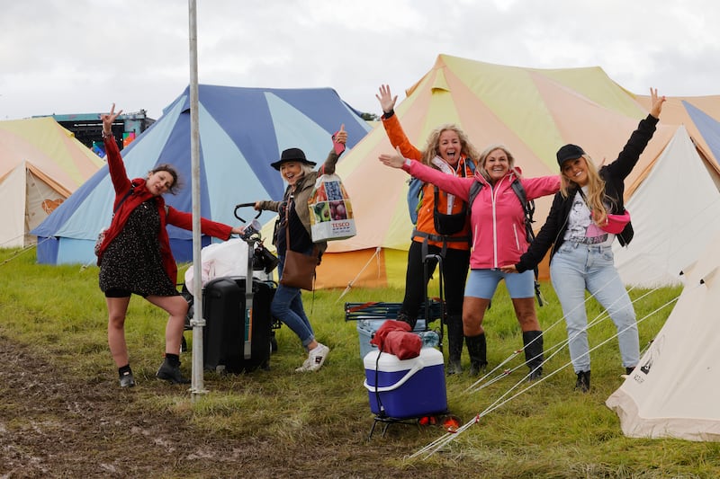 Friends Ciara Nolan, Linda Winston, Caroline de Vere, Yvonne Beauchamp and Nicole Nolan in the glamping section of the Forever Young festival. Photograph: Alan Betson 
