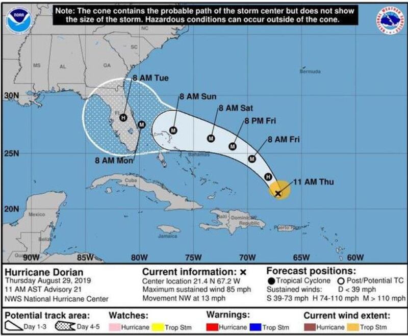 A National Hurricane Center map, dated August 29th, showing the potential path of Hurricane Dorian. Alabama lies outside the path.