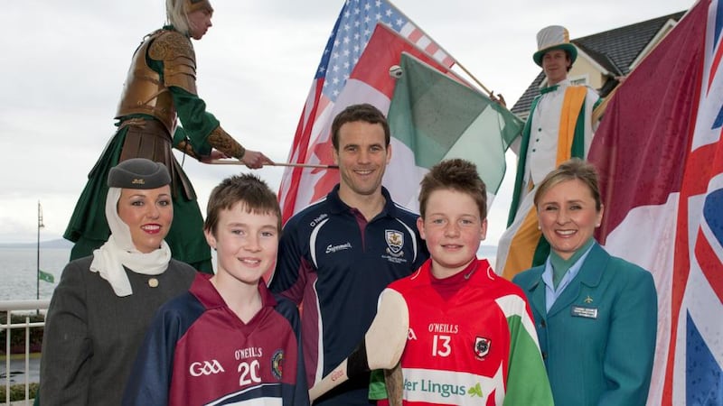 Leanne McGarry of Etihad Airways (left) and Carmel Coyne of Aer Lingus (right) with Galway hurler David Collins and Salthill Knocknacarra hurlers Donal O’Shea and Finn Timon at the launch of the Aer Lingus International Hurling Festival. Photograph: Andrew Downes