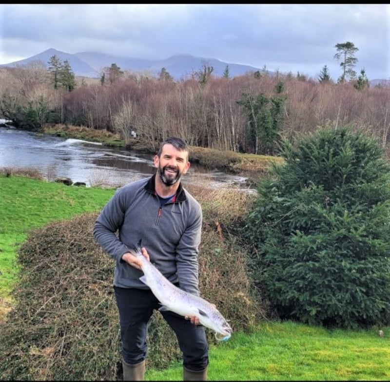 Fishery manager Mikey O’Shea with the first salmon of 2023 from the Upper Caragh Fishery, Killorglin, Co Kerry