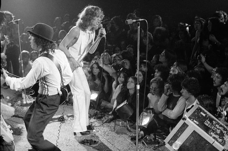 New York Dolls performing at the Waldorf Halloween Ball at the Waldorf-Astoria Hotel in New York City on October 31st, 1973. Photograph: Richard Drew/AP