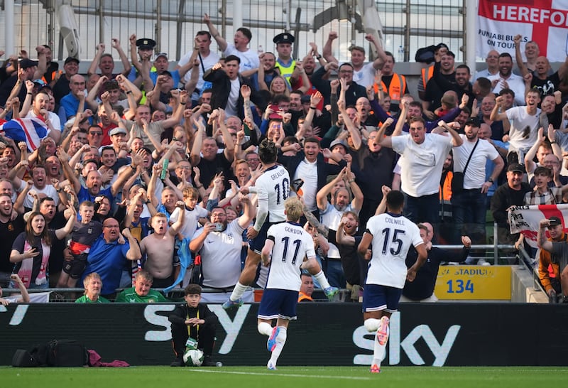 Jack Grealish celebrates scoring England's second goal during the Ireland v England match at the Aviva Stadium on September 7th. Photograph: Niall Carson/PA