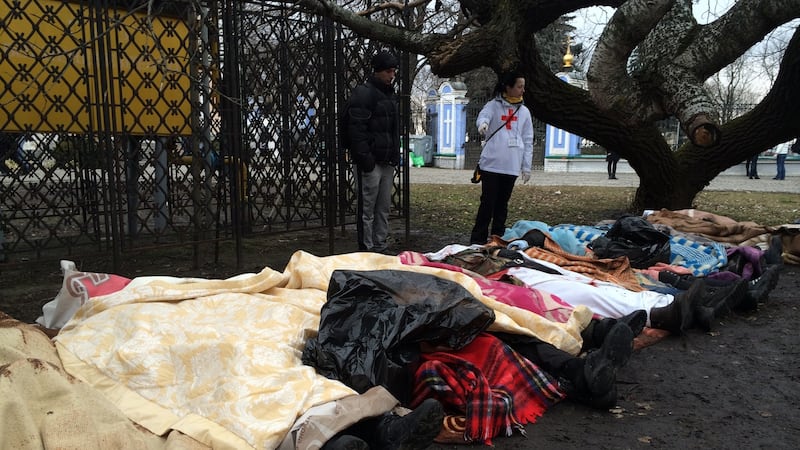 The bodies of several anti-government protesters shot dead on Kyiv’s Maidan square on the grounds of St Michael’s monastery on February 20th, 2014.