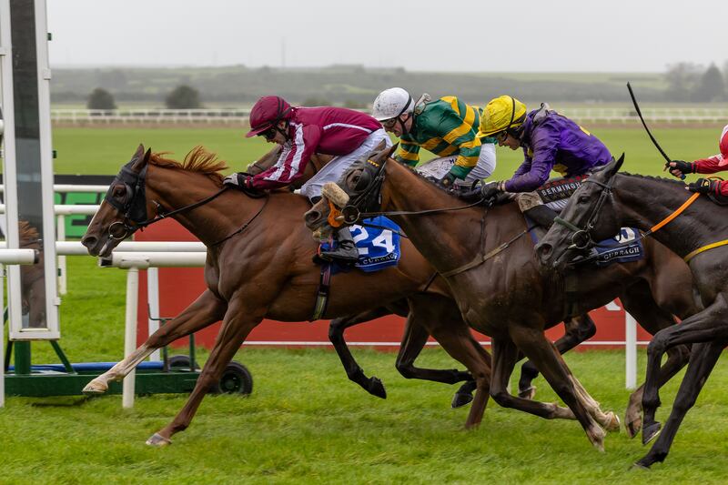 Hugh Horgan on Magellan Strait wins the Irish Cesarewitch under a drive for the finish line. Photograph: Morgan Treacy/Inpho