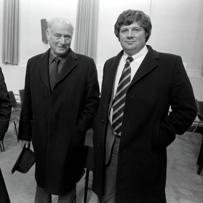 Patrick Butterly and his son Eamon on the last day of the Stardust inquiry, November 1981. Photograph: Peter Thursfield
