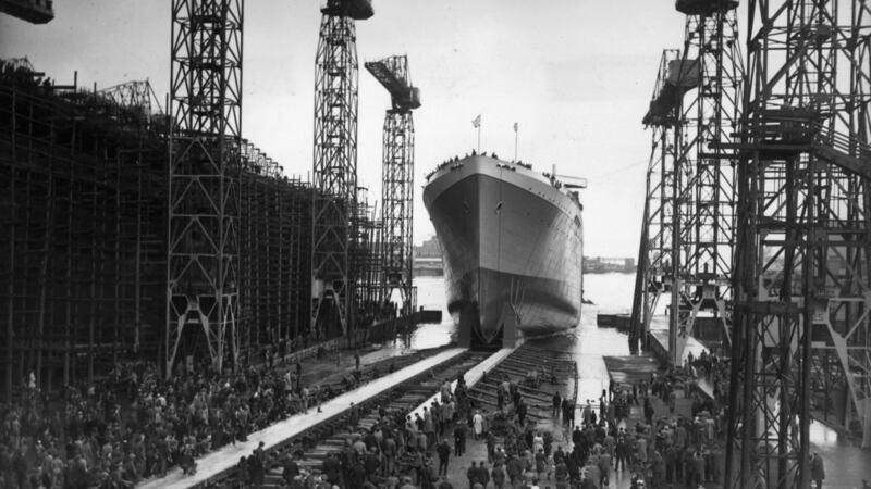 The liner Edinburgh Castle going down the slipway at the Harland & Wolff shipyard in Belfast after its launch by  Princess Margaret in October 1947. Photograph: JA Hampton/Topical Press Agency/Getty Images