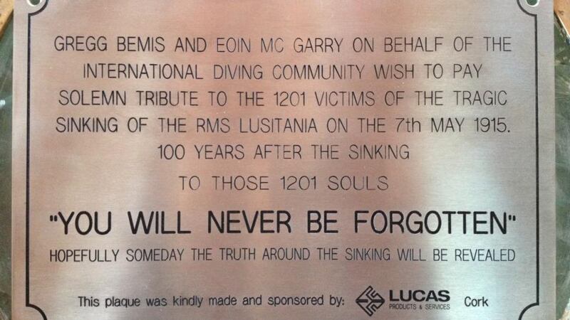 Memorial: the plaque that Gregg Bemis has commissioned to place on the wreck of the Lusitania. Photograph: Eoin McGarry