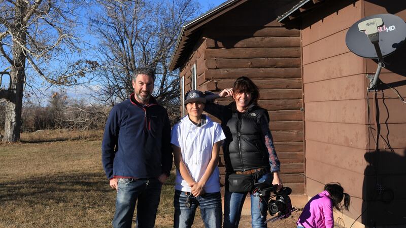 Sound recordist Colm O’Meara, bareback horse racer Sharmaine Weed and film-maker Kim Bartley in Wyoming