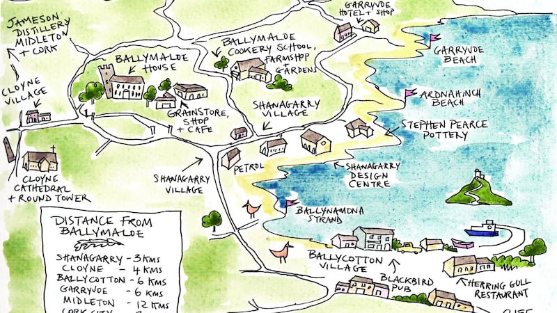 The local area surrounding Ballymaloe House and Cookery School. Illustration:  Lydia Hugh Jones