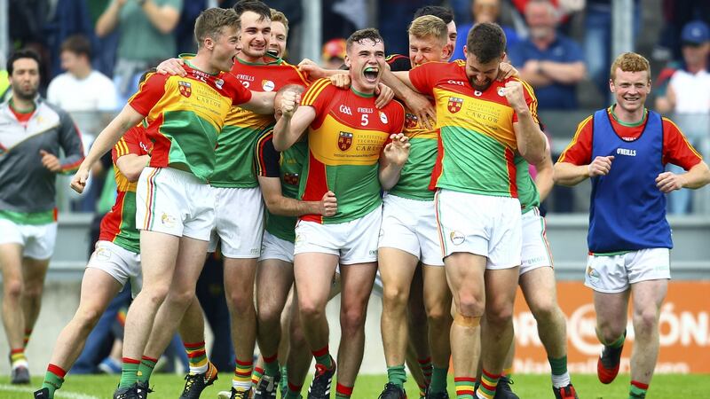 Carlow players celebrate their win over Kildare at the Senior Football Championship quarter-final in May. Photograph: Ken Sutton/Inpho