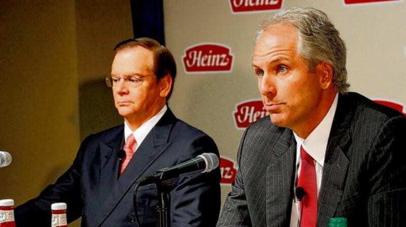 Alex Behring of 3G Capital and Heinz chairman William Johnson announce the food firm's sale. photograph: reuters