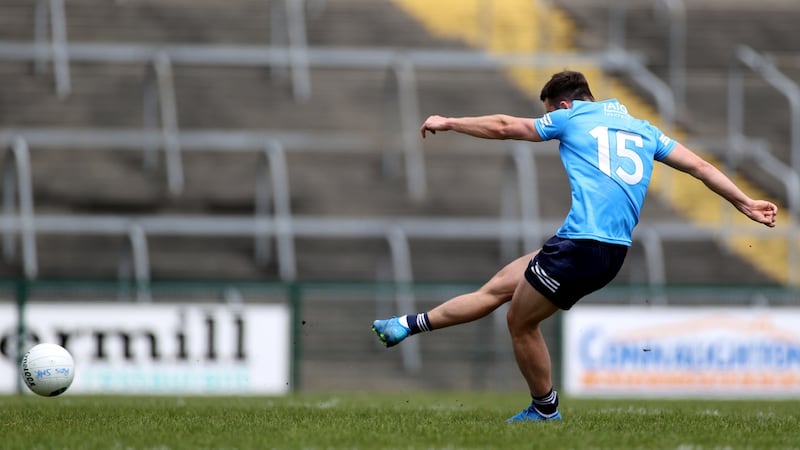 Cormac Costello scores from the spot during Dublin’s win over Roscommon. Photograph: James Crombie/Inpho