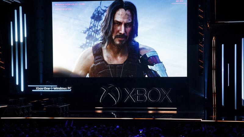 Actor Keanu Reeves of the Cyberpunk 2077 video game appears in a trailer during the Microsoft Xbox event ahead of the E3 trade show in LA. Photograph: Patrick T. Fallon/Bloomberg