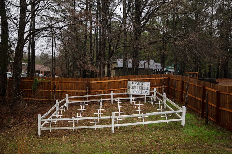 A display of crosses representing aborted fetuses along a road in Lindale, Texas. Photograph: Tamir Kalifa/The New York Times
                      