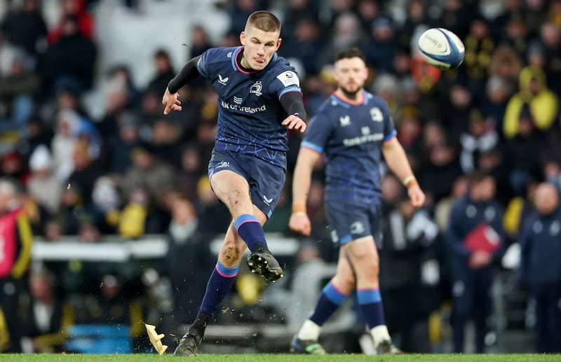 Leinster's Sam Prendergast kicks a penalty in the heard-earned Champions Cup victory over La Rochelle at Stade Marcel Deflandre. Photograph: James Crombie/Inpho