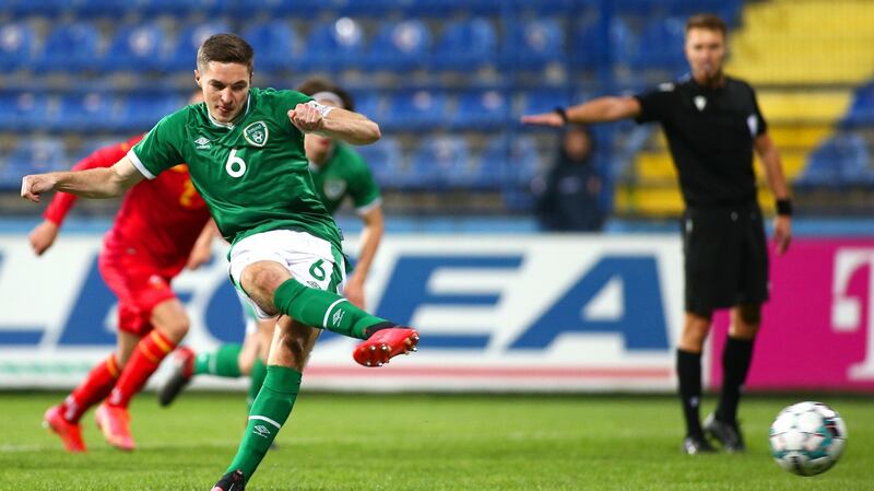 Conor Coventry had his second-half penalty saved in the Uefa under-21 European Championship qualifier against Montenegro at the Gradski Stadion in Podgorica. Photograph: Filip Filipovic/Inpho