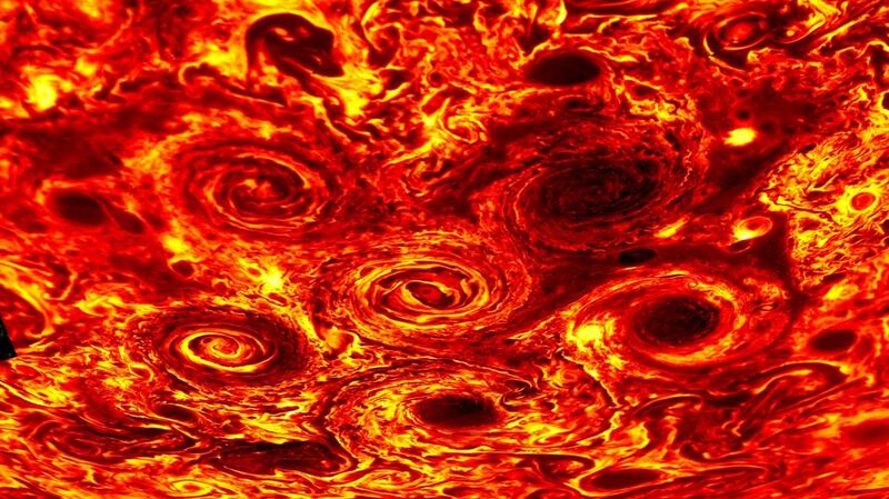 A  Nasa photograph shows a composite image of Jupiter’s south pole