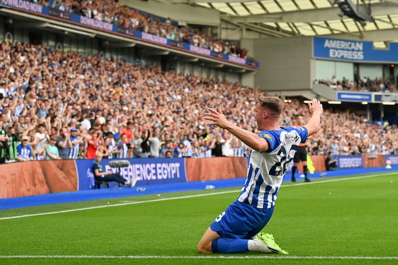 Evan Ferguson after scoring the first of his three goals against Newcastle in his last outing. Photograph: Glyn Kirk/AFP via Getty Images