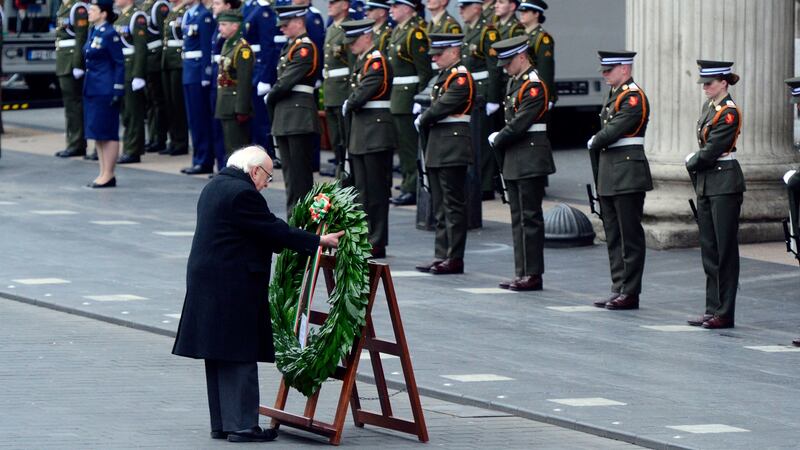 Wreath-laying ceremony attended by President Michael D Higgins during the 1916 Commemoration Ceremony at the GPO. Photograph: Cyril Byrne/The Irish Times