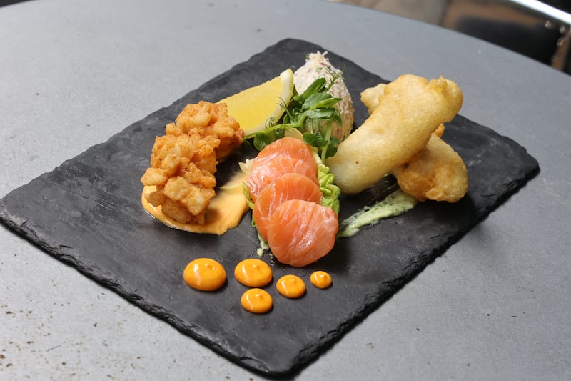 The Chophouse fish board (€14): tempura of hake, quenelle of crab, crispy calamari and smoked salmon. Photograph: Nick Bradshaw