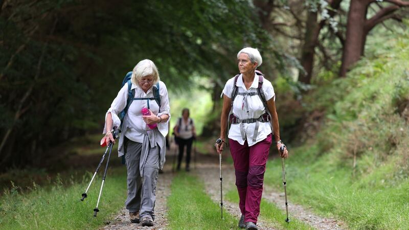 Cliona de Bhaldraithe-Marsh and Mary Murphy, (right) step it out on Down’s Hill, Glen Of The Downs, Co Wicklow. Photograph: Dara MacDónaill/The Irish