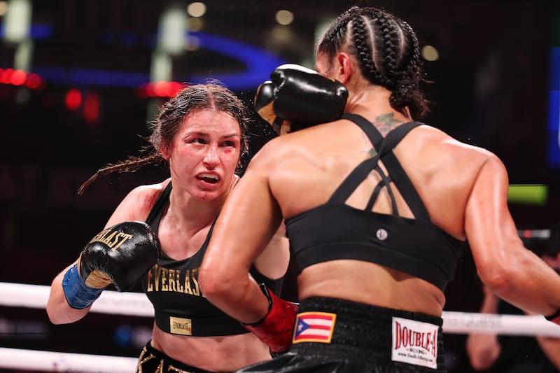 Katie Taylor and Amanda Serrano during their fight at AT&T Stadium in Arlington, Texas. Photograph: Al Bello/Getty Images