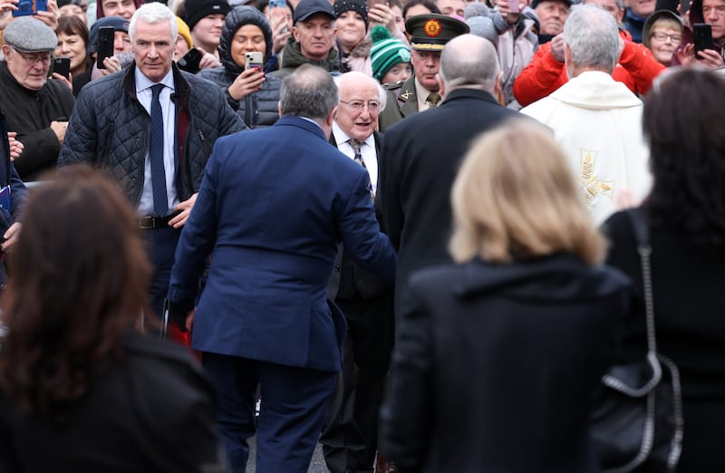 President Michael D Higgins arrives for the funeral mass of Shane MacGowan. Photograph: Laura Hutton