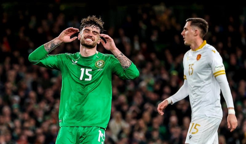 Ireland's Troy Parrott reacts after a missed chance against Bulgaria. Photograph: Ryan Byrne/Inpho