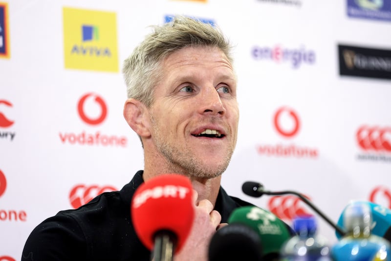 Ireland interim head coach Simon Easterby speaks to the press at the Aviva Stadium following Thursday's team announcement. Photograph: Laszlo Geczo/Inpho