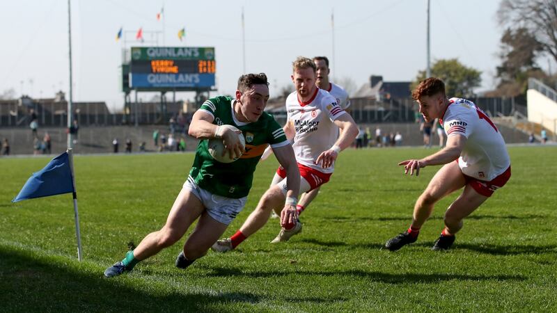 Kerry’s Paudie Clifford gets a break on Tyrone’s Conor Meyler during the Allianz Football League Division One game against Kerry at Fitzgerald Stadium in Killarney. Photograph: Bryan Keane/Inpho