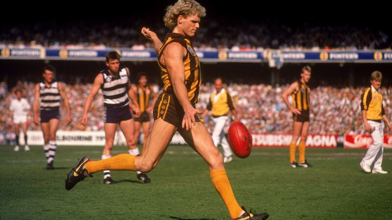 Dermott Brereton: recovered from an early ruthless ‘hit’  to star for the  Hawthorn Hawks  against the Geelong Cats during the 1989 AFL Grand Final  at the Melbourne Cricket Ground. Photograph:  Getty Images