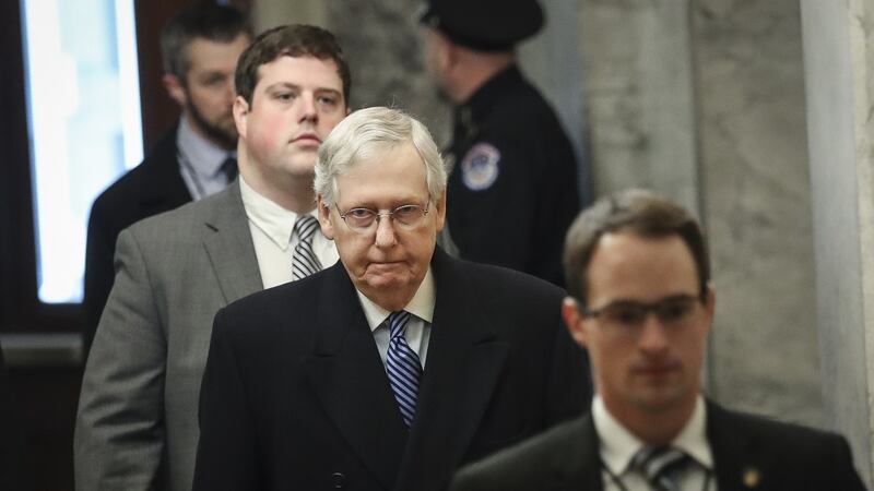 Senate majority leader Mitch McConnell: got his organising resolution setting out the structure of the trial through the chamber but not without a fight from Democrats.   Photograph: Drew Angerer/Getty