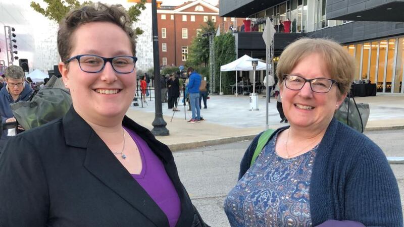 Democratic senator Claire McCaskill supporters Molly   and Jane Thal outside the live TV debate in St Louis