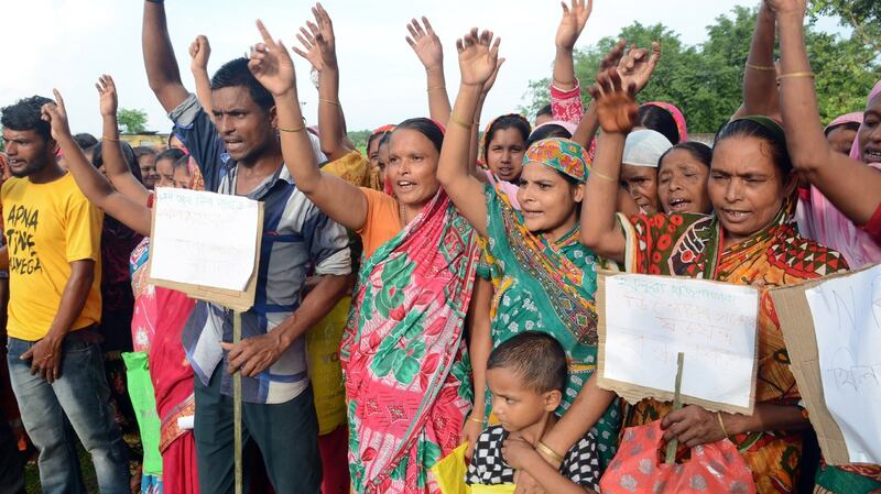 Villagers of Gorbheter and Bherveri whose names have been left out of the final list of the National Register of Citizenship engage in protest. Photograph: EPA/STR