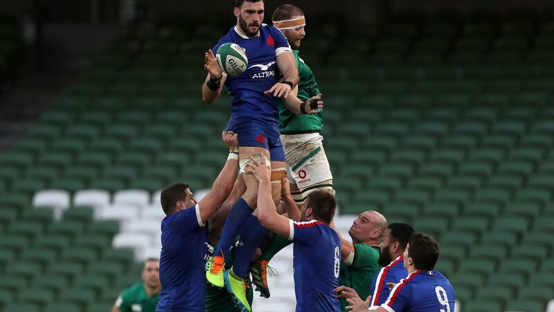 France’s Charles Ollivon takes a lineout ahead of Iain Henderson. Photograph: Brian Lawless/PA