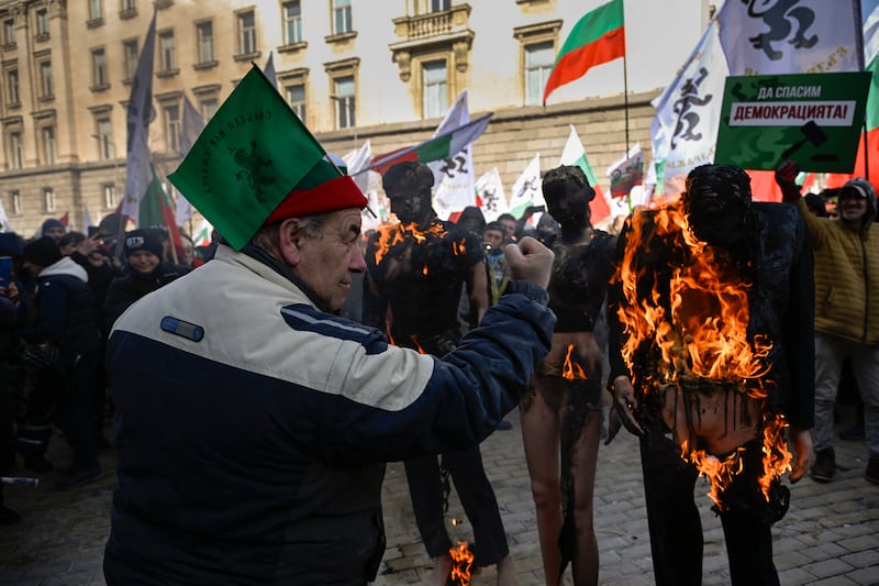 Anti-euro protesters in Sofia on Saturday. Photograph: Nikolay Doychinov/AFP  