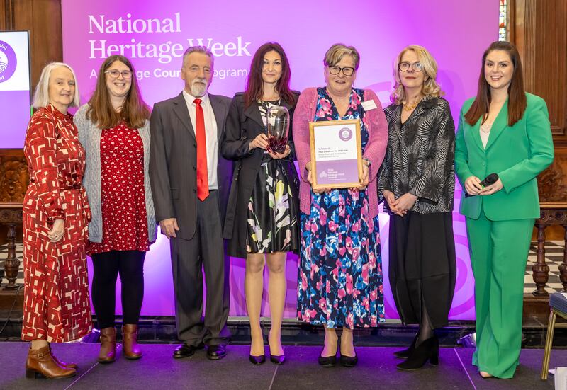 Ahare River and Biodiversity Development Group, represented by Brendan Campbell, Anna Stocia and Cathy Lee, are presented with the Wild Child Award by Nicola Kiernan, of the Department of Children; Virginia Teehan, Heritage Council chief executive; Dr Martina Moloney, Heritage Council chairperson; and MC Síle Seoige at the Heritage Council’s National Heritage Week awards ceremony in the Royal Hospital, Kilminaham