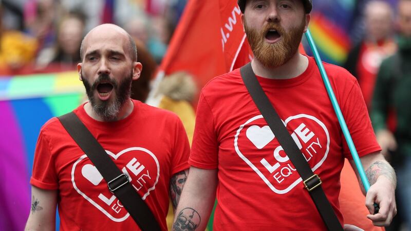 Protesters marching through Belfast city centre demanding same sex marriage in Northern Ireland. Photograph: Brian Lawless/PA