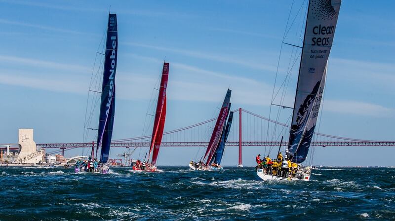 The boats leave Lisbon on route to Cape Town for leg two of the Volvo Ocean Race. Photo: Jesus Renedo/Volvo Ocean Race