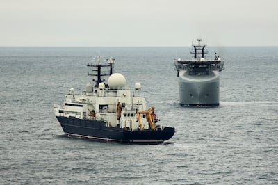 
The Royal Navy vessel RFA Proteus, right, patrols near the Yantar, a Russian ship suspected of monitoring British undersea connectors last November. Photograph: Ministry of Defence