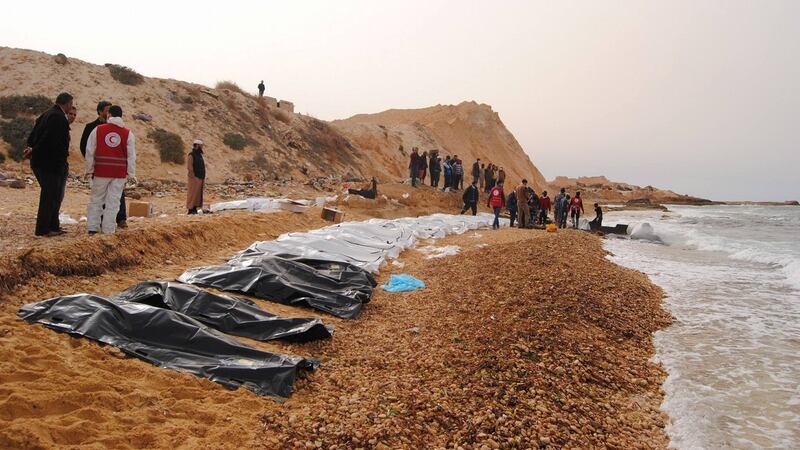 Volunteers say at least 74 bodies of suspected refugees trying to cross the Mediterranean Sea have been recovered. Photograph: Red Crescent/AFP