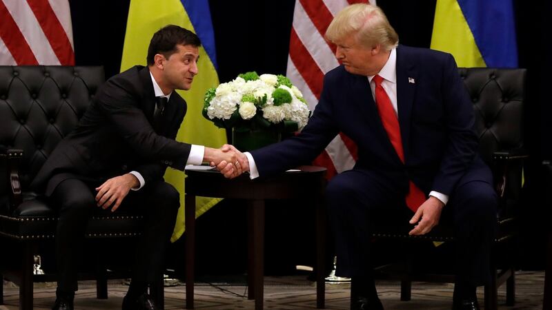 US president Donald Trump meets with Ukrainian president Volodymyr Zelenskiy at the InterContinental Barclay New York hotel during the UN General Assembly on Wednesday. Photograph: Evan Vucci/AP