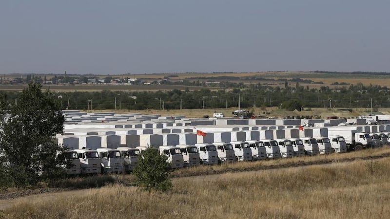 A Russian convoy of trucks carrying humanitarian aid for Ukraine is parked at a camp near Kamensk-Shakhtinsky, Rostov Region, Russia, this morning. Photograph: Maxim Shemetov/Reuters